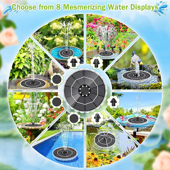 Solar Fountain, 2026 Upgrade 3.5W Solar Bird Bath Fountains with Colorful Ring LED Lights, 2000mAh Battery, 7 Nozzles and 4 Fixers, Solar Water Fountain Pump for Pond, Pool, Patio and Garden