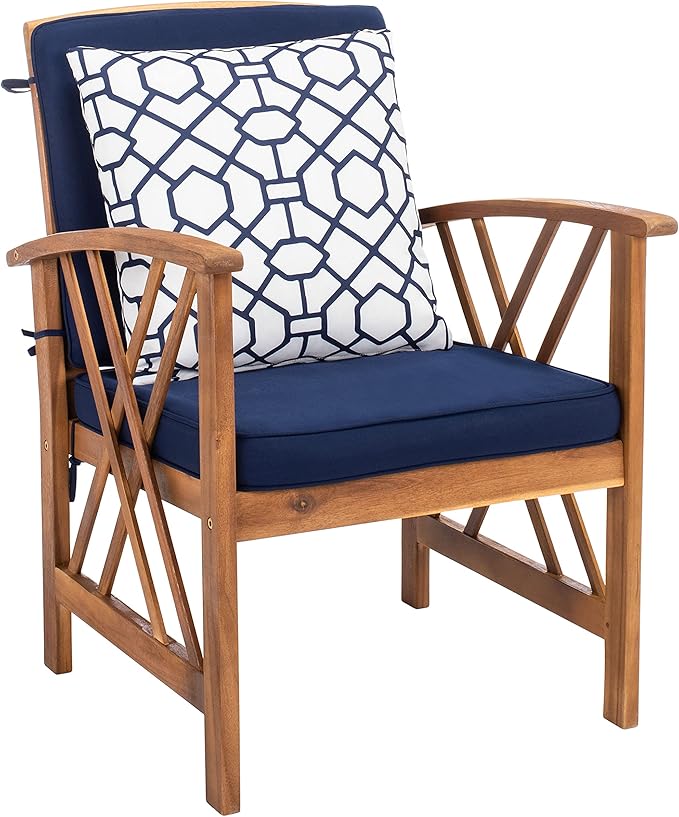 SAFAVIEH Outdoor Collection Fontana Natural/ Navy Blue Cushions/ Geometric Pattern Pillows 4-Piece Conversation Patio Set