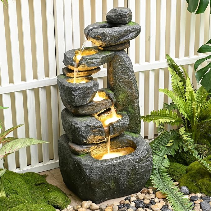 Outdoor Garden Water Fountain with Lights Cascading Large Waterfall Floor Standing Fountain for Patio, Backyard, Deck, Porch and Home Art Decor (32.68'' Gray)