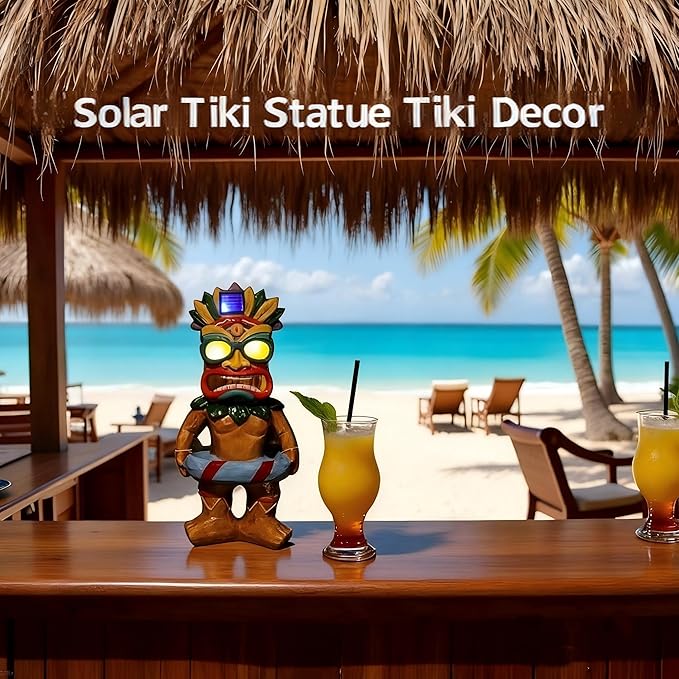 Tiki Staue, Outdoor statue with Solar Eyes, Tikis Bar Decor with Solar Light, Tikis Pool Decor, Garden Statues with Swim Ring, Tiki Porch Patio Decorations, Tiki Figurine Gift for Mom Women Friends
