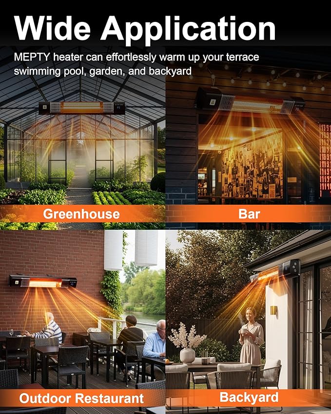 MEPTY Wall mounted Heaters for Outdoor Use, Electric Outdoor Patio Heater with 24H Timer, Remote, Overheat Waterproof Protection, Garage Infrared Heater for Porch, Yard, Basement