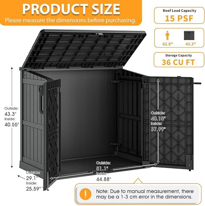 LHBcraft Outdoor Storage Cabinet 36 Cu Ft with Lockable Doors, Portable Horizontal Resin Storage Shed - Easy to Assemble, Waterproof Small Storage Shed with Floor Black - Image 7