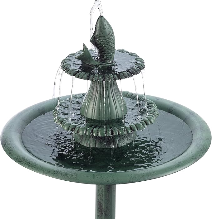 Alpine Corporation 40" Tall Outdoor 3 Tier Pedestal Water Fountain with Vintage Birdbath Accent, Garden Decor, Green