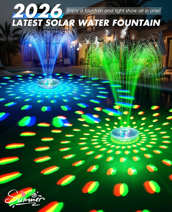 Solar Pool Fountain with Light Show, 2026 Upgraded Large Solar Pool Water Fountain, Floating Pool Fountain for Above Ground Pool,Solar Floating Fountain Pump for Nighttime Use Blue-1PK
