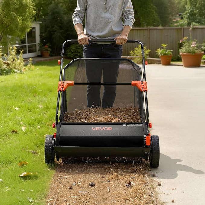 VEVOR Push Lawn Sweeper, 30 in Leaf & Grass Collector with 12 cu. ft. Hopper Bag, Adjustable Brush Height & Spinning Brushes, Heavy Duty Yard Sweeper with Rubber Wheels for Leaves Grass Cleanup - Image 8