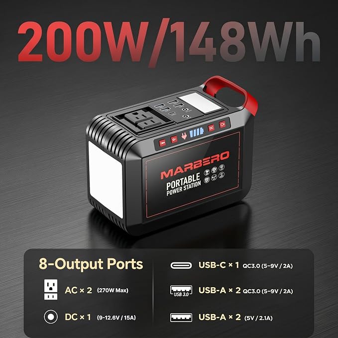 MARBERO 200W Portable Power Station 148Wh Camping Solar Generator Laptop Power Bank with AC Outlet 110V, DC, USB QC3.0, LED Flashlights for CPAP Home Outdoor Trip Emergency Backup - Image 2