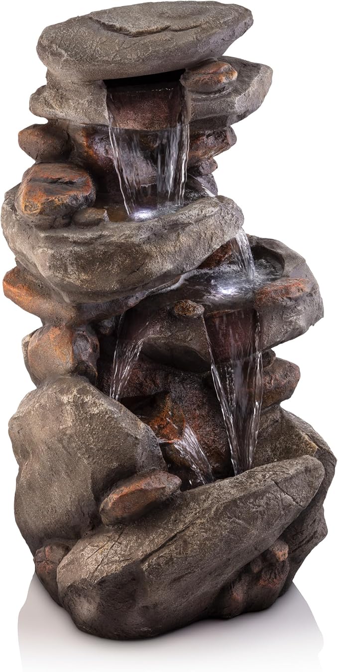 Alpine Corporation | 40" 4-Tier Rock Floor Fountain with Cascading Water & White LED Lights, Tranquil Outdoor Water Feature for Garden, Patio, Yard & Deck, Light Gray