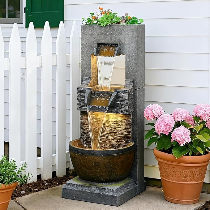 39" H Modern Indoor Fountain with LED Lights and Pump, 3-Tier Standing Cascading Waterfall - Modern Design for Garden/Patio/Yard, Multi-Level Outdoor Decor 15“x14”x39“(Brown)