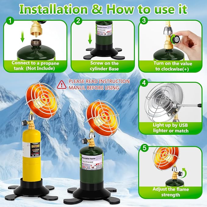 Portable Propane Heater for Outdoor Camping - Cordless Space Patio Heater with Control Valve & Foldable Tank Holder, Tent Heater for Winter Hiking Ice Fishing Hunting