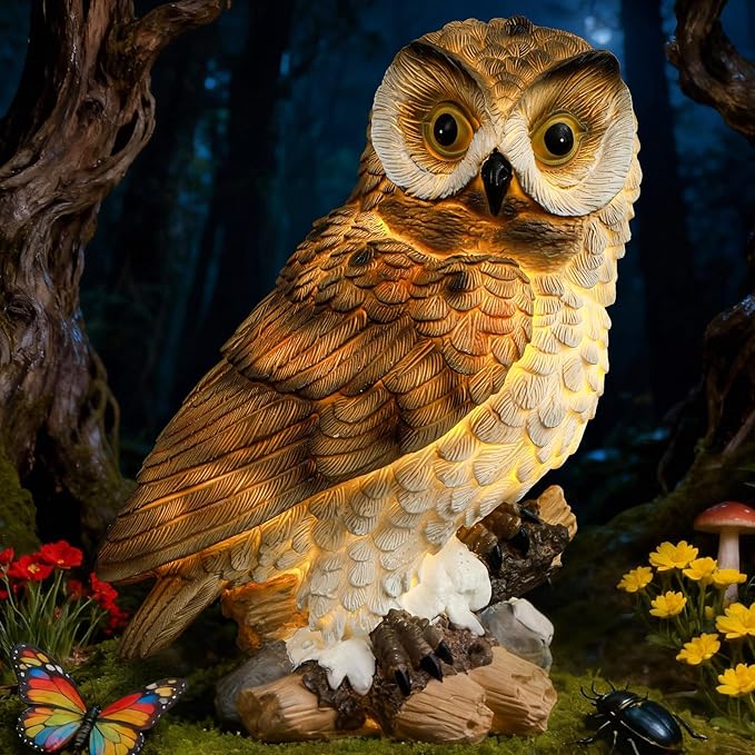 Garden Owl Outdoor Statue,Solar Owls Figurine Sculpture with LED Lights for Porch Patio Lawn Yard Deck Spring Decor - Ideal Easter Day Housewarming for Women Men Owl Lover