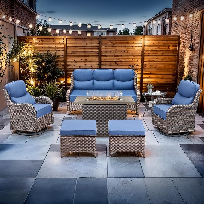 Luxury High Back Outdoor Furniture with 6-inch Extra Thick Cushions, Patio Furniture Set with Fire Pit Table & Swivel Chairs, 7 PCS Wicker Conversation Set for Yard, Deck, Poolside, Brown/Blue