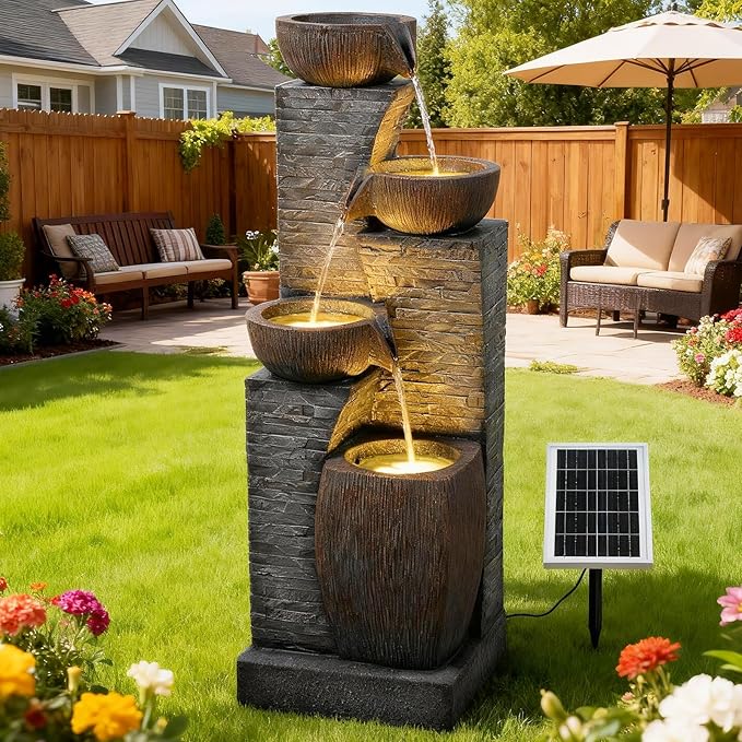 38.2" Tall Solar Water Fountain Outdoor Garden,Stone Texture Modern 4 Tiers Cascading Bowls Garden Fountains Outdoor,Suit for Patio, Deck, Porch, Lawns, Backyard and Home Art Decor