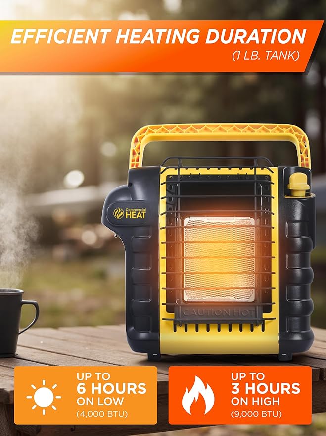 9000 BTU Portable Propane Heater for Outdoor Use, Patio Heater for Up To 300 Sq. Ft., 2 Heat Settings, Swivel Regulator Connects to 1 lb. Propane Tank, CHP9000Y, Yellow
