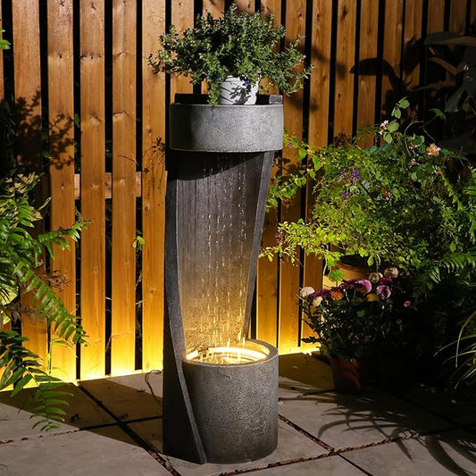 35" Modern Outdoor Patio Water Fountain & Rainfall Feature – Resin Garden Waterfall Fountain with Light Spiral Indoor Water Feature for Patio, Yard, Porch Decor – Gray