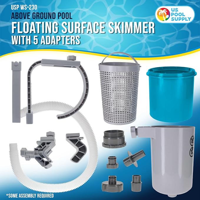 U.S. Pool Supply Pool Skimmer - Above Ground Pool Skimmer, Floating Surface Skimmer, 5 Adapters, Pool Accessories - Clean Dirt Basket, Wall Mount, Attach to Inflatable Collars, Tubular, Metal Frames - Image 2