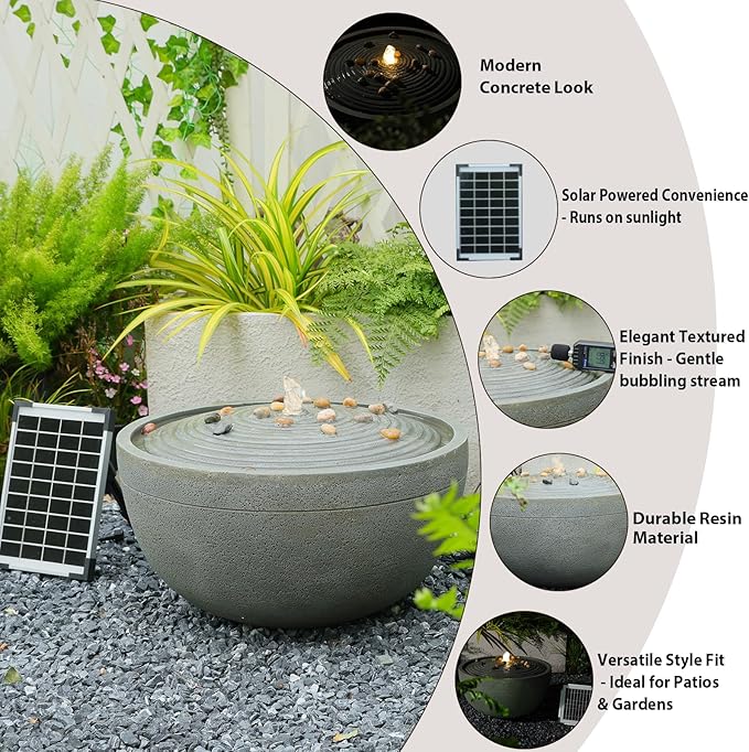 Solar Water Fountain Outdoor Garden Bubbler Water Feature Outdoor Fountains Solar Powered with Pebbles for Patio Deck Yard Home Decor Gray, 20 "L X 20" W X 11.5" H