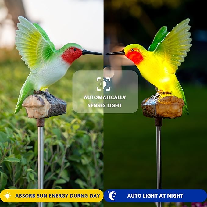 Hummingbird Solar Garden Statue with Motion Sensor Realistic Chirping Sound Lifelike LED Solar Powered Outdoor Decor for Yard Patio Cemetery Memorial Gift for Mom Grandma