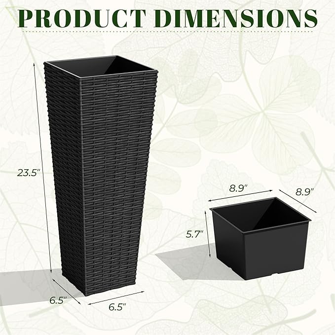 JUMMICO Set of 2 Resin Rattan Tall Planters for Outdoor Plants, Large Tapered Planters with Drainage Holes&Inner Trays, Flower Pots for Garden, Patio, Porch, Backyard (Black, 24'')