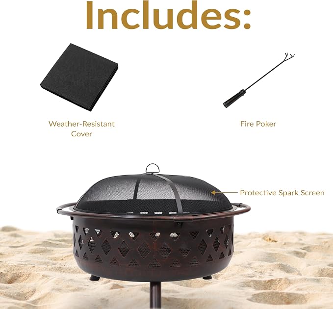 Sunnydaze Crossweave Outdoor Fire Pit - Wood-Burning Fire Pit for Outside with Spark Screen, Poker and Round Cover - 36-Inch - Bronze - Image 3