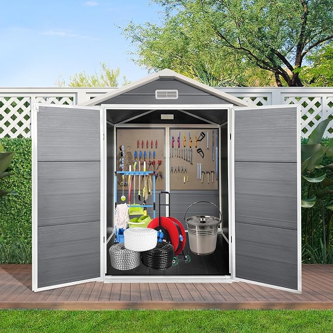 YOPTO 6x6 FT Storage Shed,Plastic Outdoor Storage Shed with Floor and Lockable Door,Waterproof Garden Shed W/Windows & Vents,Sloped Roof,Tool House for Storing Bicycles,Lawnmowers,Gray by Unknown