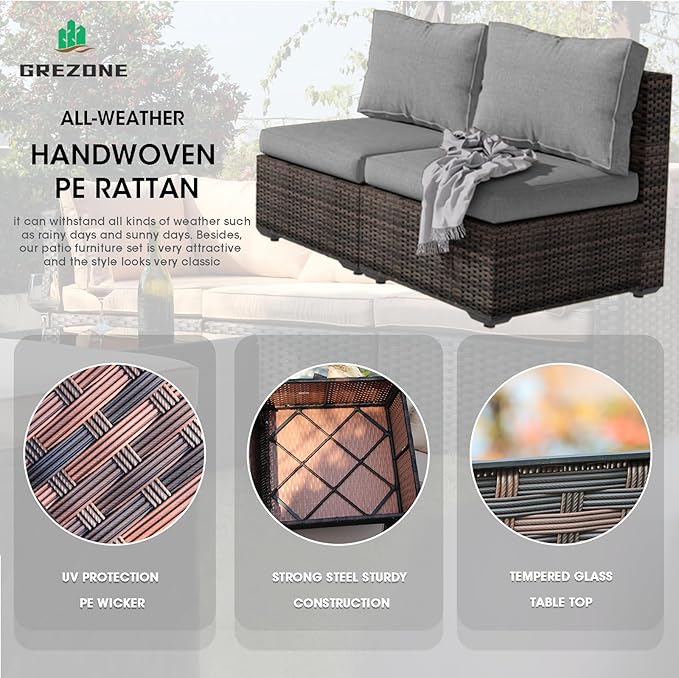 5 Piece Patio Furniture Set with 44" Fire Pit Table, Outdoor Sectional Couch, PE Rattan Patio Conversation Sets with 4inch Cushions for Backyard Grey