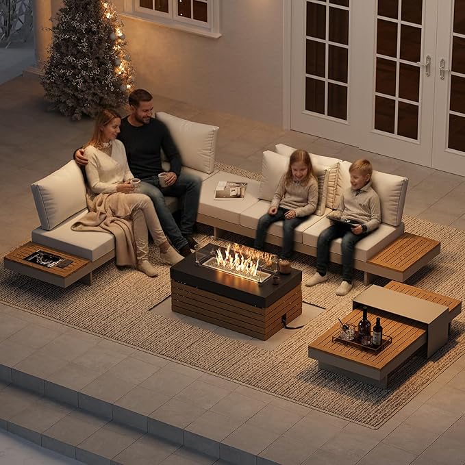 homary Patio Conversation Sets with Fire Pit-Modular Outdoor Sofa Aluminum & Teak Outdoor Sofa Se with Glass Wind Guard Ideal for Patios & Balconies, Light Gray