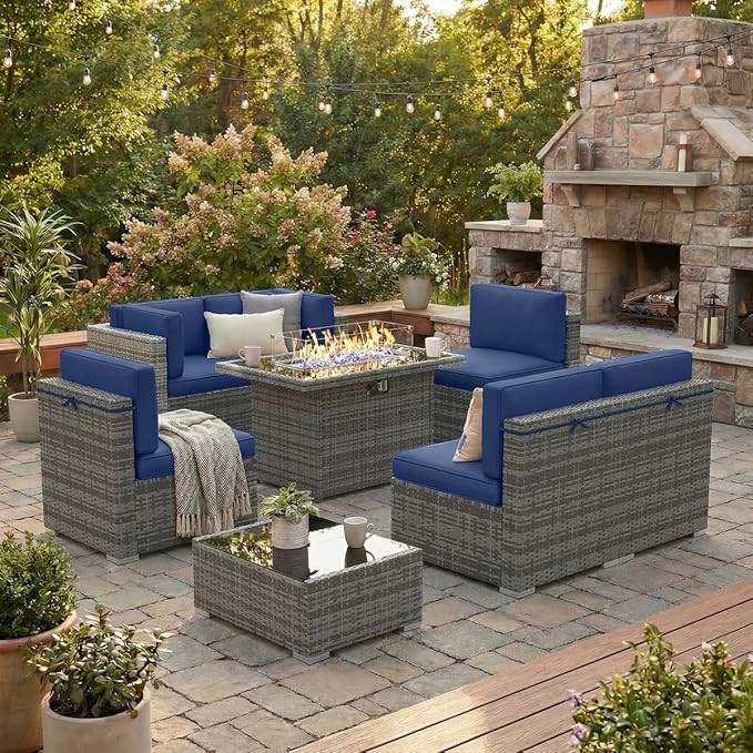 8 Pieces Patio Furniture Set with 44" Propane Gas Fire Pit Table, Outdoor Sectional Wicker Conversation Sofa Sets with Coffee Table