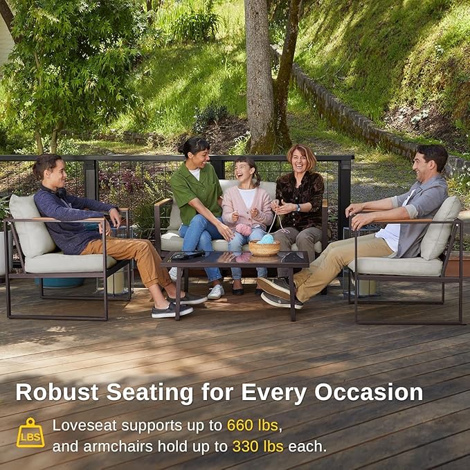 EAST OAK Courtyard Patio Furniture Set, 4-Piece Outdoor Patio Set with Sofa, Removable & Washable Deep Seating Cushion, Tempered Glass Table, Outside Patio Conversation Sets, Black & Dark Grey