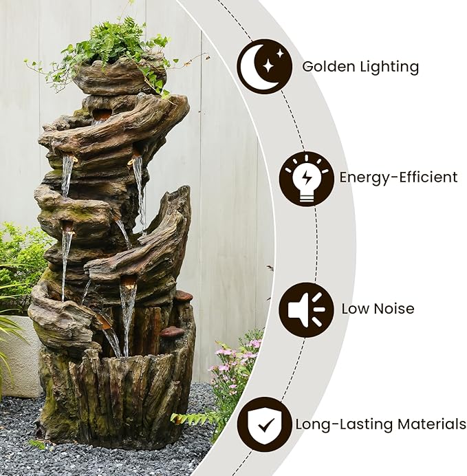 55" H Outdoor Water Fountain 7-Tiers Large Cascading Imitative Wood Natural Waterfall Outdoor Fountains Resin Floor Standing Foutain with LED Lights for Garden, Patio, Porch