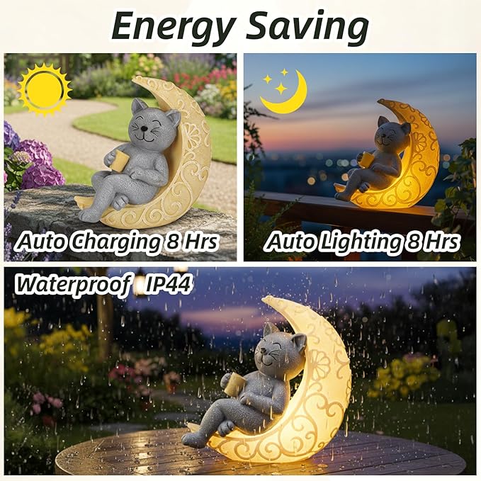 PETAFLOP Solar Cat Garden Statue Decor, Moon Cat Figurine Patio Balcony Yard Lawn Outdoor, I Love You to The Moon and Back Birthday Housewarming Gifts for Mom Grandma Women Cats Lover