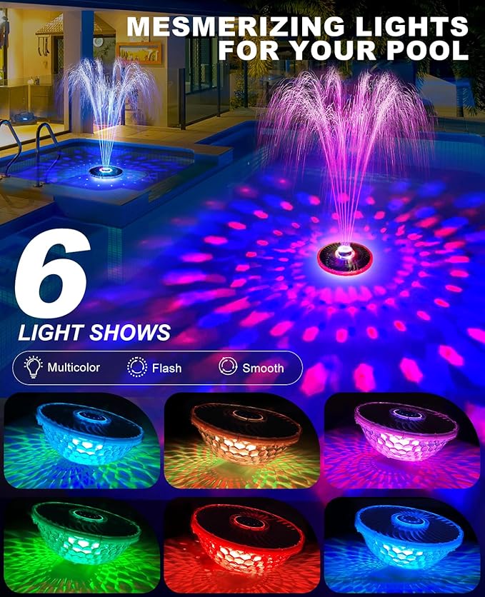 Solar Pool Fountain with Light Show,2026 Upgraded Large Solar Pool Water Fountain,Floating Pool Fountain for Above Ground Pool,Solar Floating Fountain Pump for Pool (Gray)-1PK