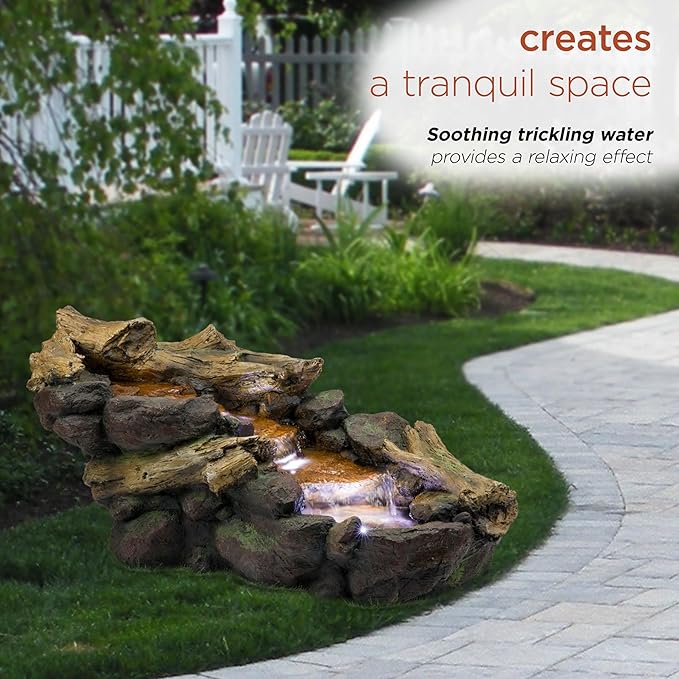 Alpine Corporation TZL296 41" Long Indoor/Outdoor River Rock and Log Fountain with LED Lights – Outdoor Water Feature for Garden, Patio, and Home Décor, Brown