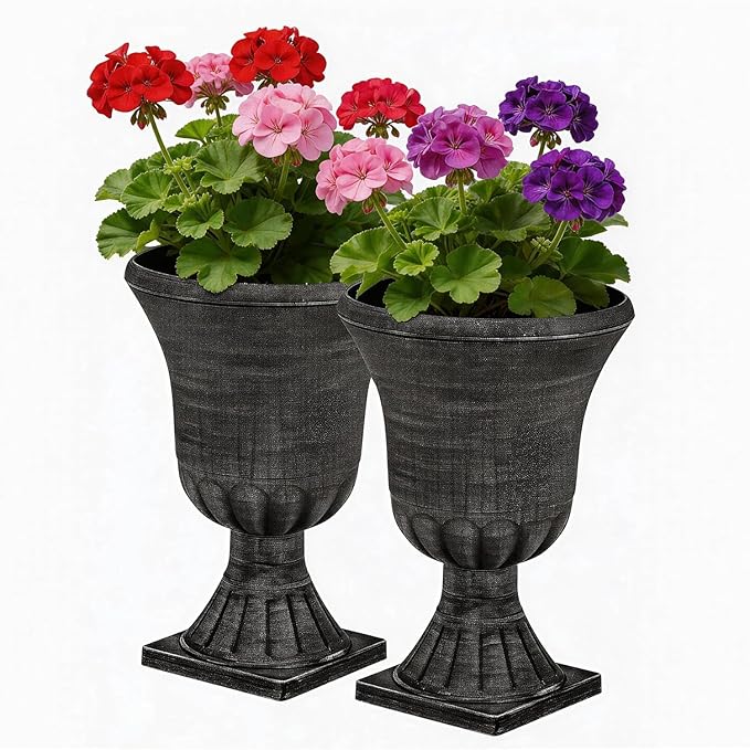 22" Tall Plastic Urn Planters Set of 2, 3D Textured Washed Black Finish Pedestal Plant Pots, Weather-Resistant Large Flower Pots for Front Porch, Patio, Garden & Indoor Use