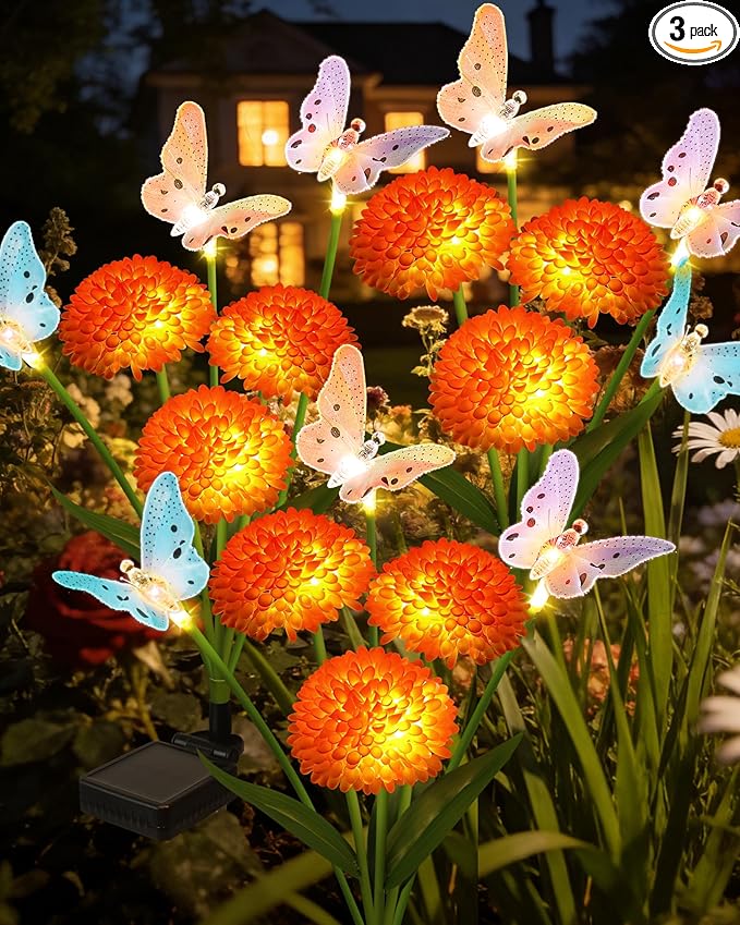 Solar Garden Lights Outdoor Waterproof Decorative 3 Pack Swaying Butterfly Light with 9 Big Flowers Solar Lights for Outside Garden Decor Patio Yard Landscape, Gifts for Women Mother's Day