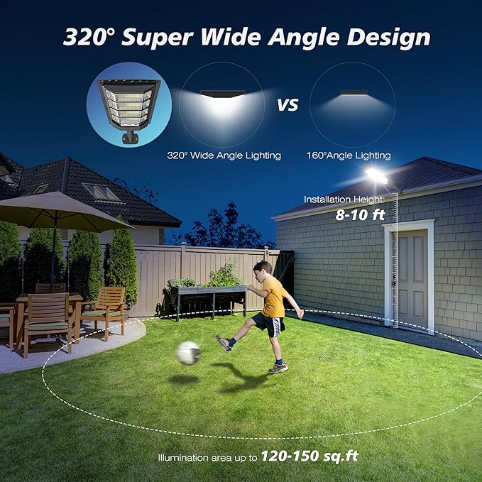 Solar Lights Outdoor Waterproof, 320° Wide Angle Solar Street Light, 6500K Solar Flood Lights Outdoor Motion Sensor with Remote, Solar Security Lights for Yard 4-Pack