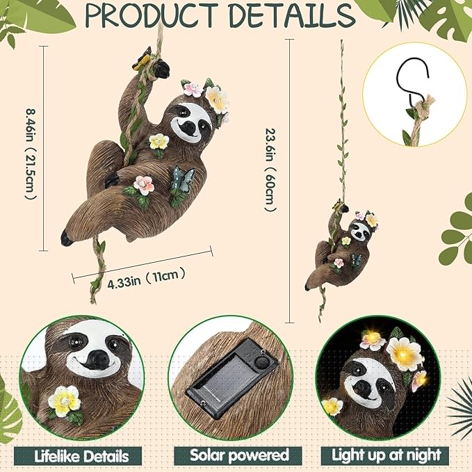 1Pcs 8x5 Inch Solar Sloth Hanging Statue Christmas Resin Garden Gnome Figurine Sloth Decorative with Hook Gifts for Mom Grandma for Outdoor Yard Tree Fence Balcony Wall Decor