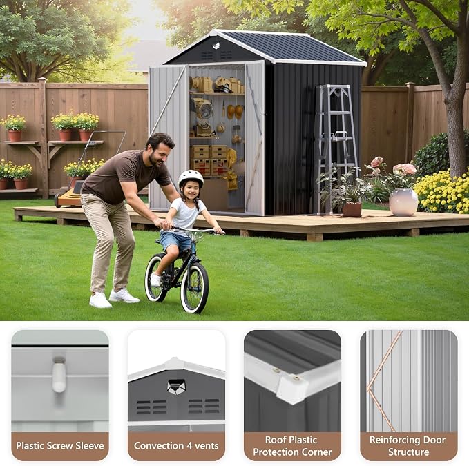 8X6 FT Outdoor Storage Shed, Metal Garden Shed, Storage Tool Sheds with Lockable Doors, Waterproof Outside Storage Building for Backyard, Patio (Black; Floor Not Included) - Image 6