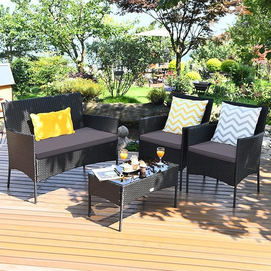 4 Pieces Patio Furniture Set, Outdoor Conversation Set with Ergonomic Curved Backrest, Patio Chair Set with Water-Resistant Cushion & Tempered Glass Table for Balcony, Porch, Pool (Gray)