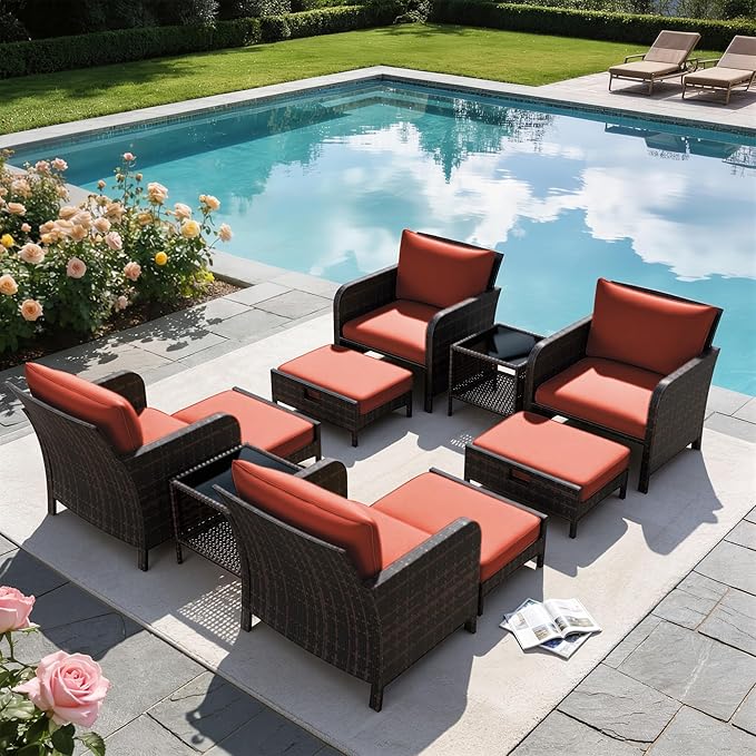 LEVELEVE Patio Conversation Set 5 Piece, Balcony Furniture Outdoor PE Rattan Wicker Lounge Chairs with Soft Cushions, 2 Ottomans & Glass Table for Porch Lawn, Brown (Orange Red Cushions
