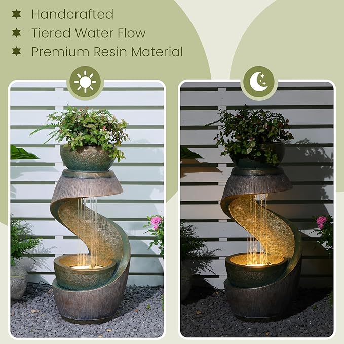 31.9" Outdoor Water Fountain with Lights – S-Shaped Water Feature Outdoor Modern Resin Waterfall Feature with Bowl Planter, Decorative Garden Fountain for Patio Balcony Porch Yard, Gold