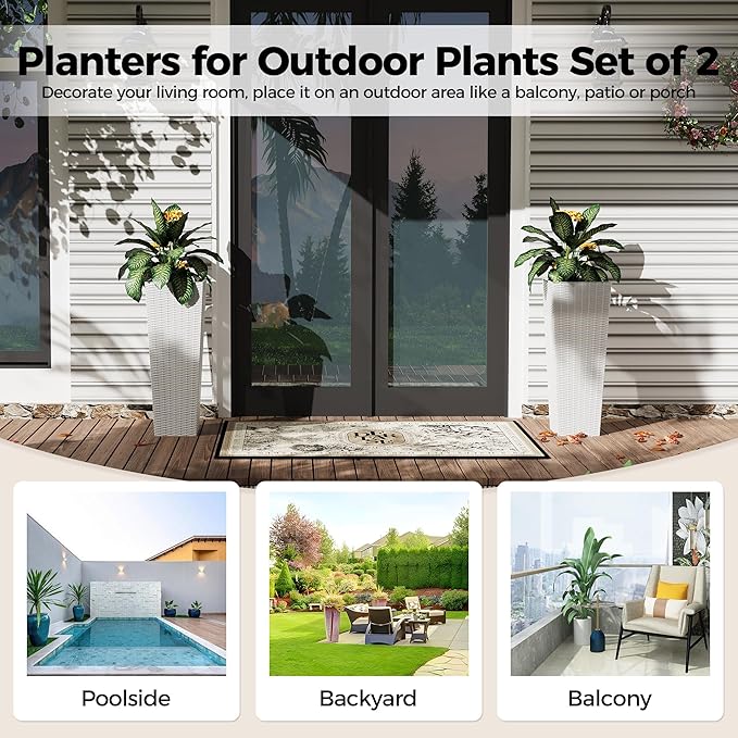 2 Pack Large Planters for Indoor Outdoor Plants, 24 inch Outdoor Planters for Porch with Drainage Holes, Plastic Planters for Outdoor Plants, Flower Pots for Large Plants, Trees, Patio, Garden, White