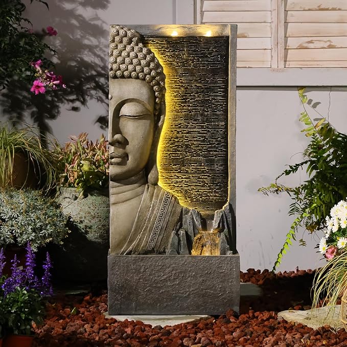 47.5" Buddha Water Fountain Outdoor with LED Lights, Large Zen Garden Waterfall Feature with Double Bubblers and Stream, Resin Statue for Patio, Yard, Porch, Meditation Decor