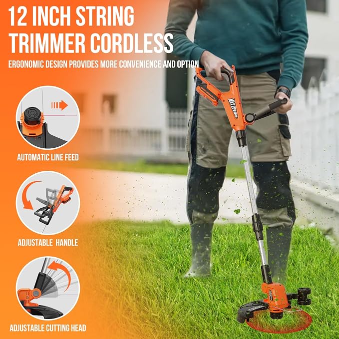 VARSK 12 Inch 20V Cordless Weed Wacker with Automatic Line Feed, 2 in 1 String Trimmer and Edger, Includes 2 X 2.0Ah Batteries/1 X Charger/6 X Replacement Spools, Weed Eater for Lawn, Garden, etc - Image 5