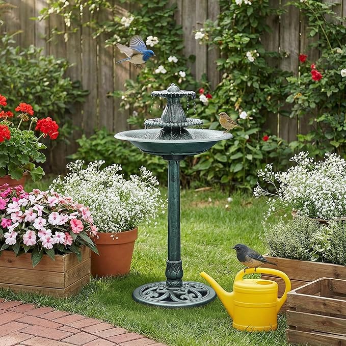 Magshion 37" Tall 3-Tier Outdoor Water Fountain, Pedestal Bird Bath for Outside, Cascading Water Feature and Birdbath for Garden, Patio, Deck, and Backyard, 1.3-Gallon (5L) Capacity, Green