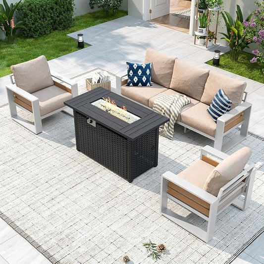 Aoxun Aluminum Patio Furniture Set with Fire Pit Table, 5 Seats Luxury Outdoor Sectional with 6" Olefin Fabric Cushions, Patio Conversation Sets with Coffee Table for Backyard, Deck Beige