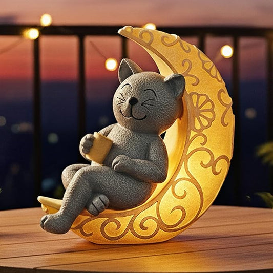 PETAFLOP Solar Cat Garden Statue Decor, Moon Cat Figurine Patio Balcony Yard Lawn Outdoor, I Love You to The Moon and Back Birthday Housewarming Gifts for Mom Grandma Women Cats Lover