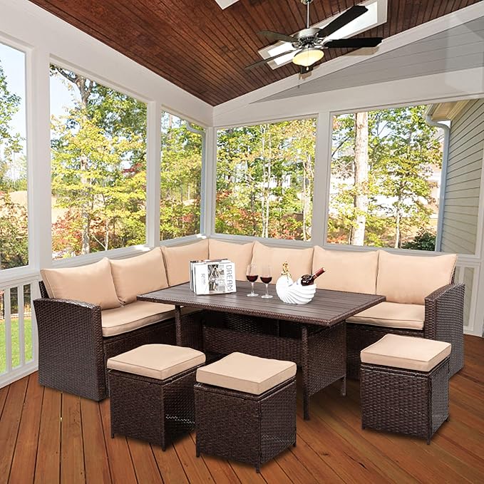 VINGLI 8 Pieces Outdoor Patio Furniture Set with Dining Table&Chairs, Wicker Patio Dining Set for 8, All Weather Outdoor Sectional Sofa Conversation Set with Ottoman