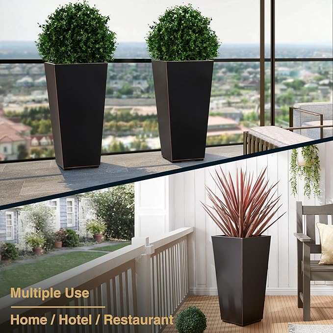 Wallowa Metallic Taper Planter, 26 Inch Tall Tapered Planter for Front Porch, Patio, Deck, Garden Indoor/Outdoor Tree Planters, Set of 2 Black with Copper Hand Brushed Rim