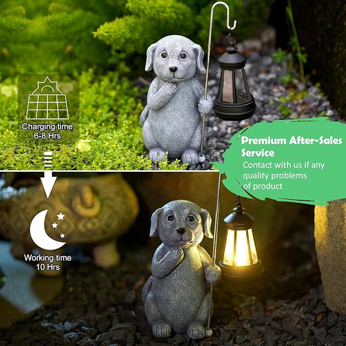 Qeeman Solar Dog for Garden Decor: Weatherproof Resin Statues with Lantern for Outdoor Outside Yard Pathway Patio Porch Balcony Decorations - Gifts for Mom Grandma Dog Lovers