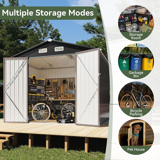 Aoxun 8x6 FT Outdoor Storage Shed Garden Metal Shed with Lockable Door Outdoor Large Shed for Tool, Garbage Can, Bike, Mower, Brown - Image 6